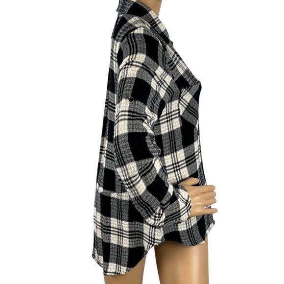 Anthropologie Flannel Shirt Black Off White Plaid Size S Fall Winter Layering - Picture 2 of 9